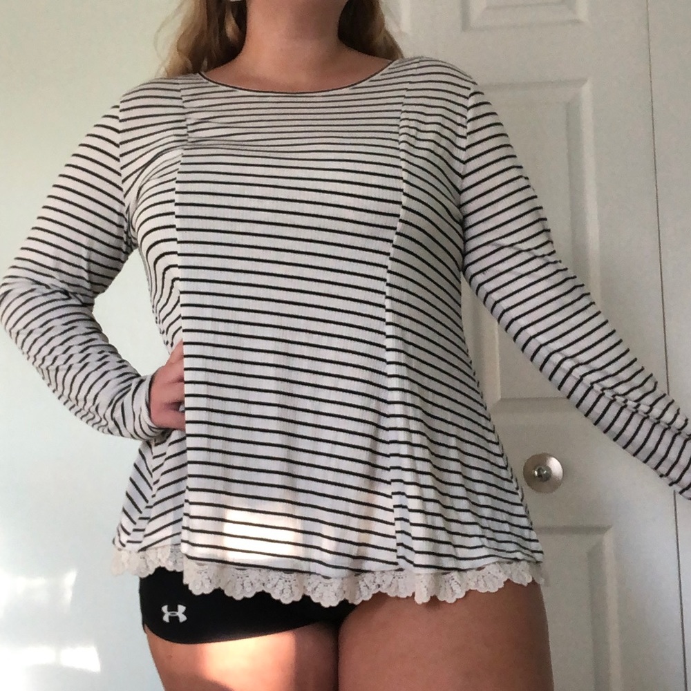 Lace-Trim Striped Tunic Shirt